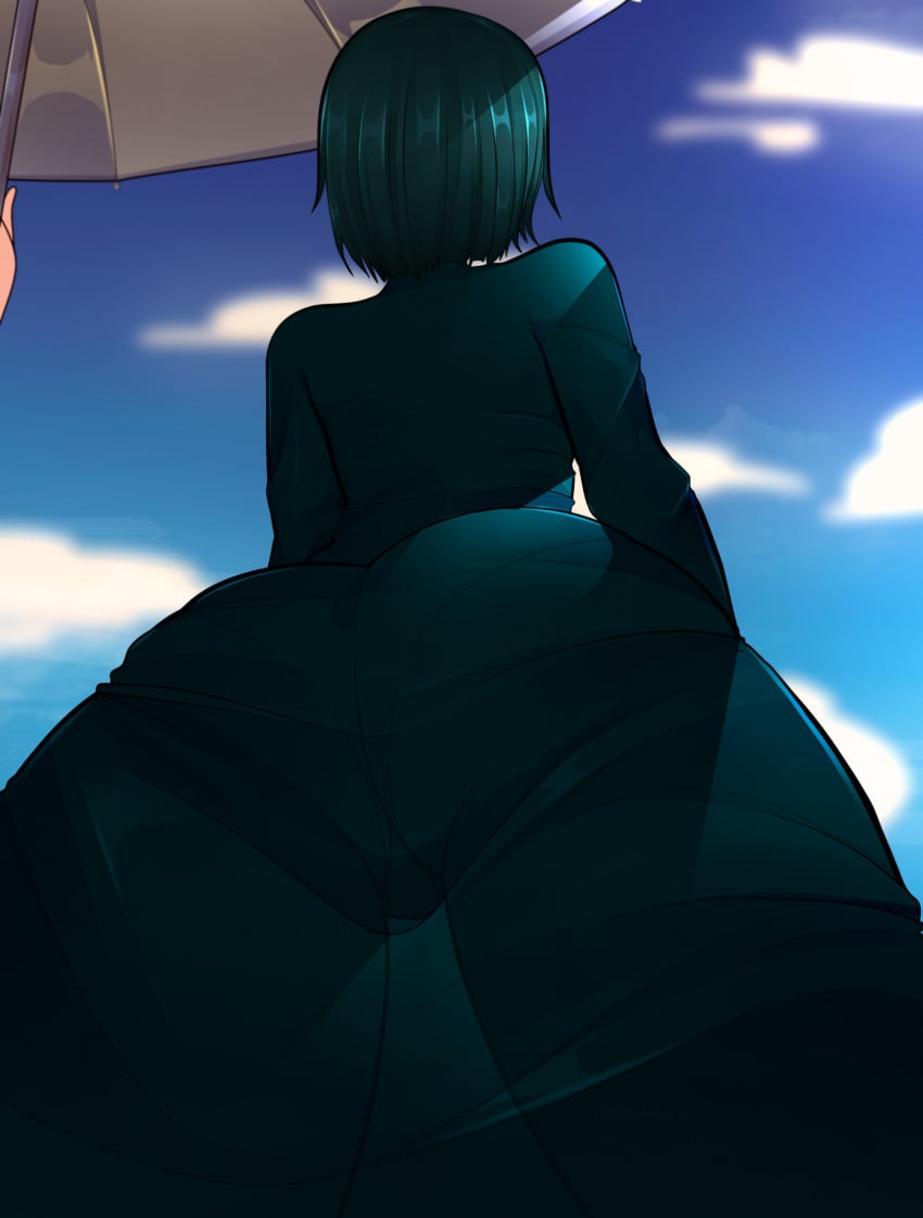 1girls arkeus ass back back_view beach big_ass big_butt bikini bob_cut clothed clothing dark_green_hair dat_ass dress female from_behind fubuki_(one-punch_man) green_eyes green_hair light-skinned_female light_skin low-angle_view medium_hair one-punch_man pale-skinned_female see-through see-through_clothing short_hair thick_thighs thighs tight_clothing viewed_from_below white_skin