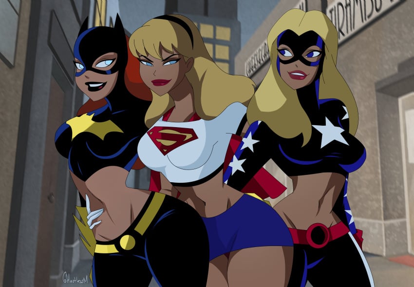 2022 2d 3girls alien alien_girl alien_humanoid alien_look_like_human artist_name barbara_gordon batgirl batman:_the_animated_series batman_(series) big_breasts blonde_hair blue_eyes breasts cartoon_network courtney_whitmore dc_comics dcau female female_only ghostlessm human justice_league_unlimited justice_society_of_america kara_danvers kara_zor-el kryptonian lipstick long_hair makeup midriff miniskirt navel orange_hair red_hair stargirl supergirl superheroine superman:_the_animated_series superman_(series) teenager the_new_batman_adventures thick_lips thick_thighs toonami wide_hips