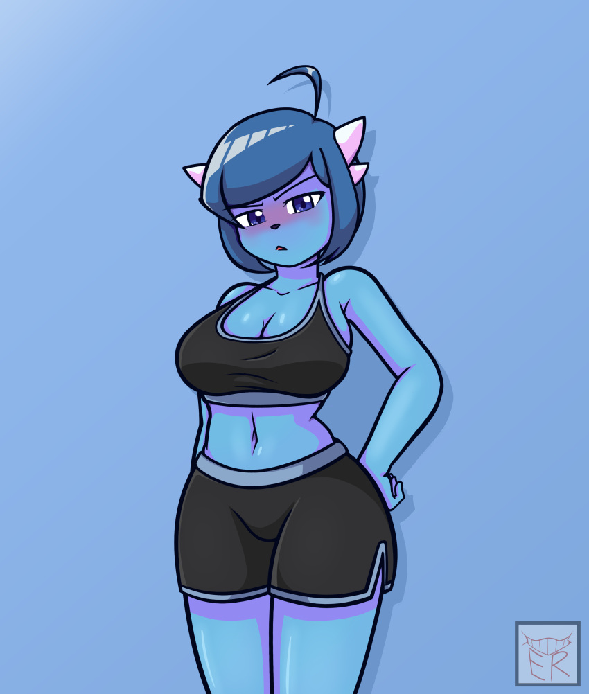 big_breasts blue_body blue_hair blush breasts clubette ehtma_reiner geometry_dash gym_clothes gym_shorts hand_on_hip narrowed_eyes simple simple_background video_games