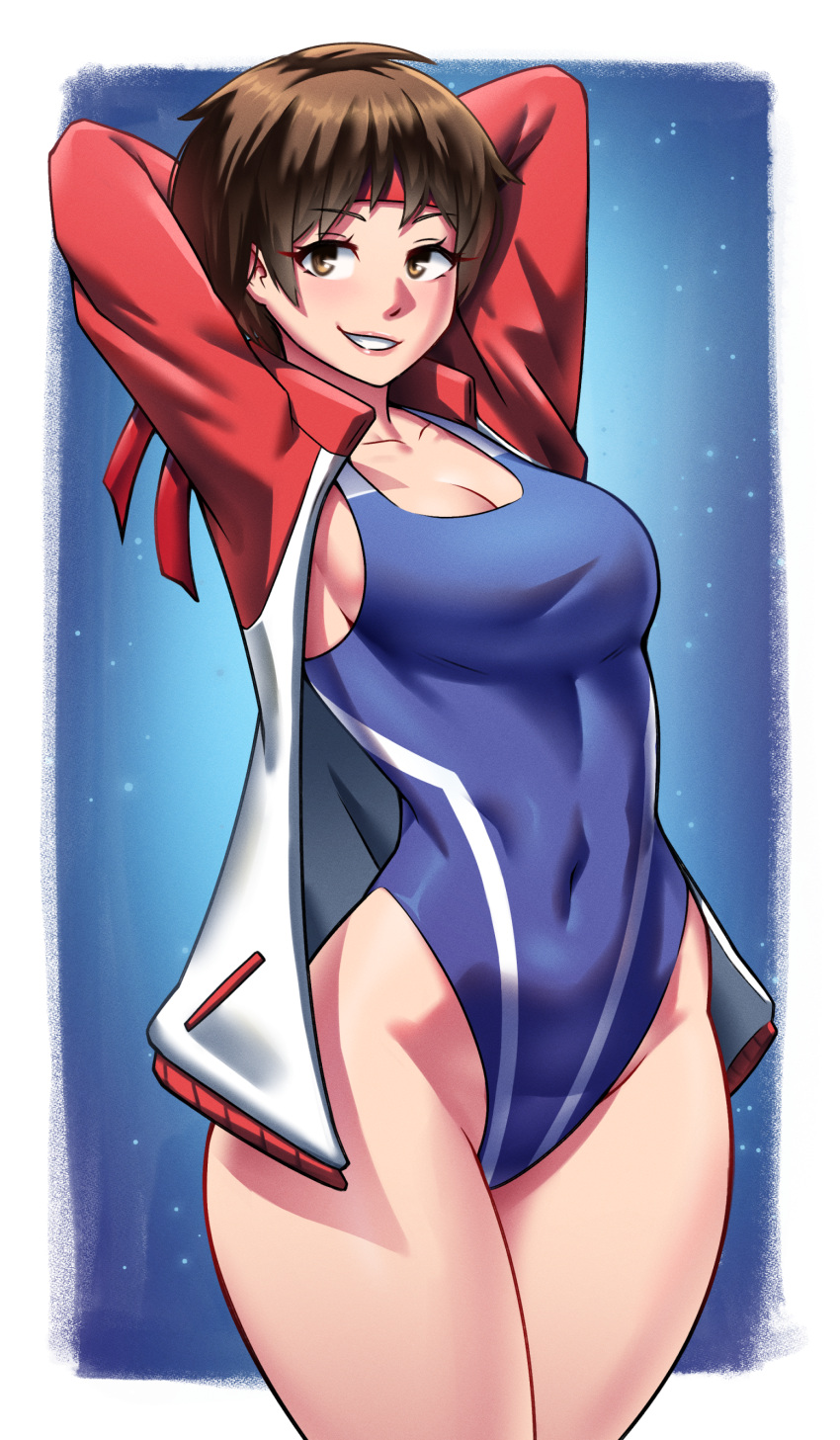 armpits brown_eyes brown_hair cleavage curvy dracksart headband headwear sakura_kasugano small_breasts street_fighter street_fighter_v swimsuit wide_hips