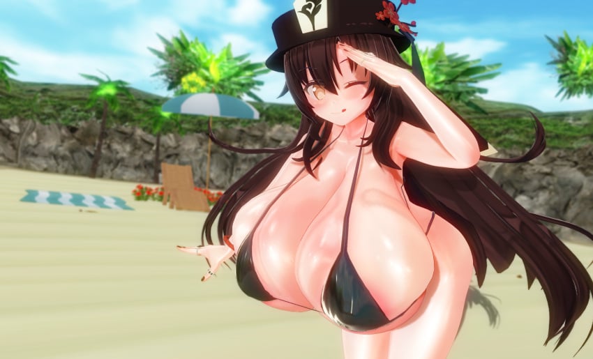 1girls armpits beach big_breasts bikini breasts busty custom_maid_3d_2 enormous_breasts female female_only genshin_impact giant_breasts gigantic_breasts hat hu_tao_(genshin_impact) huge_breasts hyper_breasts large_breasts long_hair lumen_milkstein massive_breasts oppai solo solo_female swimsuit