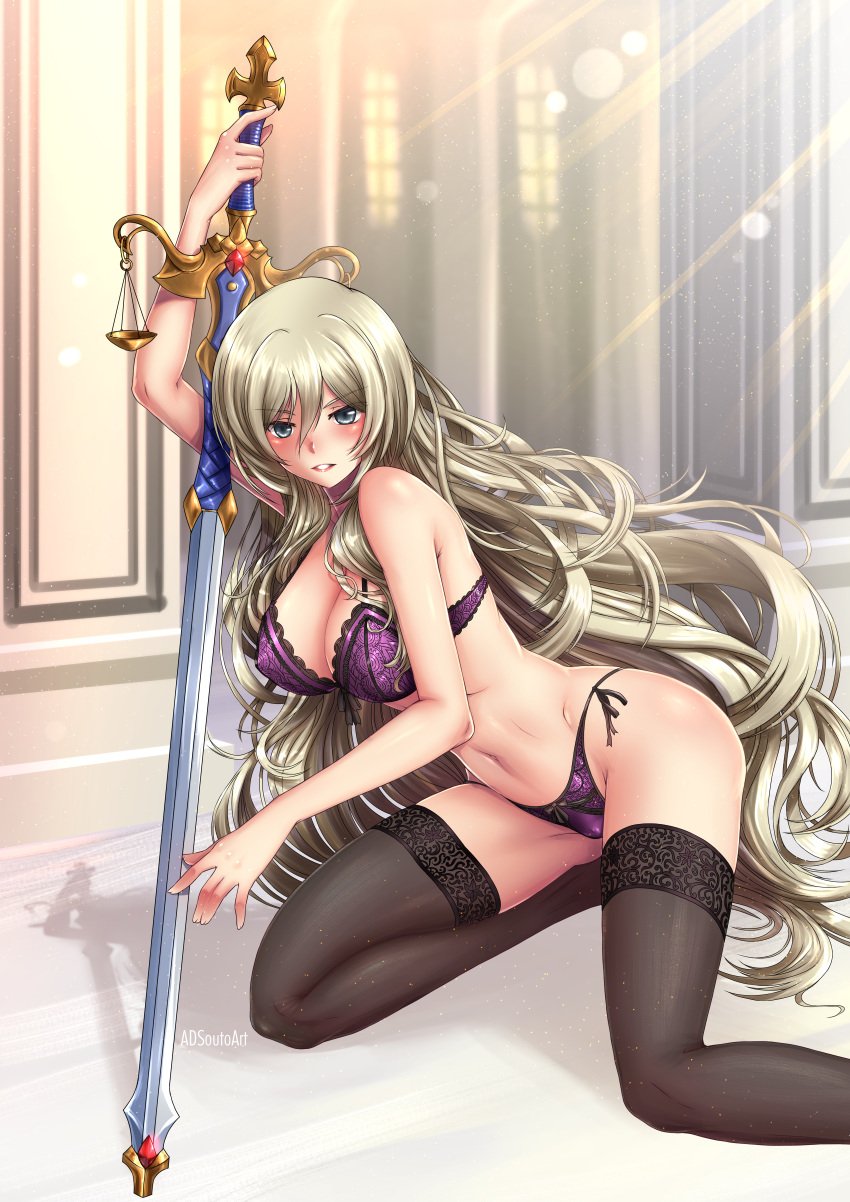 1girls adsouto big_breasts blindfold blonde_hair breasts female female_only goblin_slayer inverted_nipples nipples nude pussy shaved_pussy solo stockings sword_maiden_(goblin_slayer) uncensored