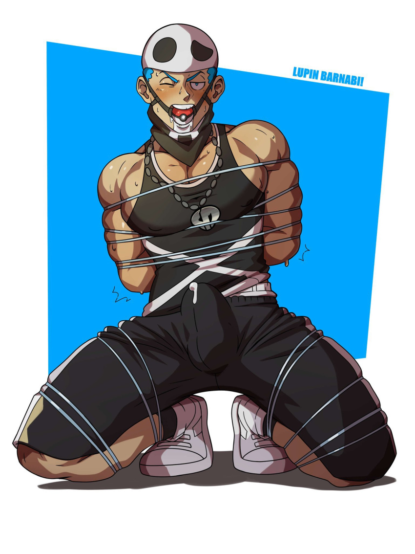 ball_gag bara blush boner bound bulge erection erection_under_clothes gag gagged game_freak gay lupin_barnabi male male_only muscles muscular nintendo npc_trainer poke_ball_gag pokemon pokemon_sm precum precum_through_clothing solo solo_male team_skull team_skull_grunt