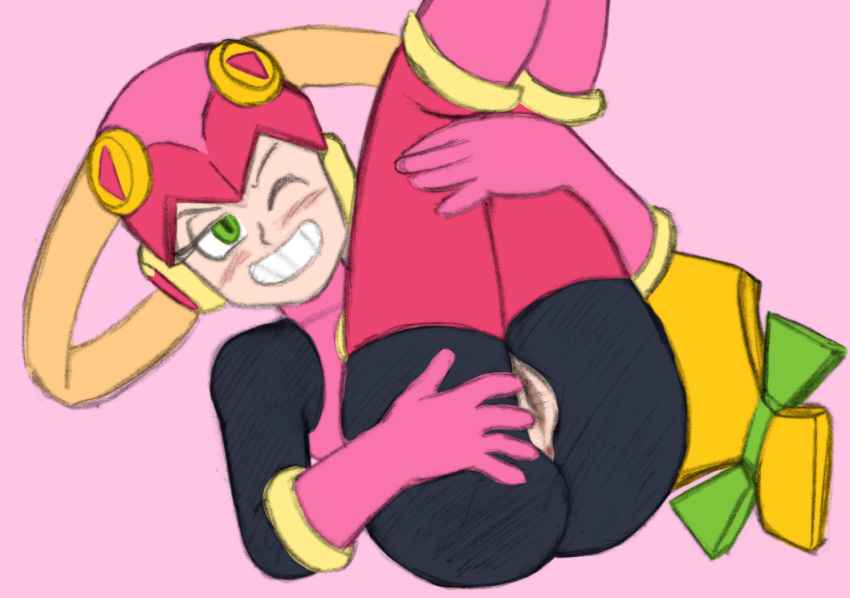 1girls anus blush bodysuit boots capcom color_edit edit gloves grin helmet highres leg_lift legs legs_up long_gloves long_hair mega_man mega_man_battle_network ninoeros no_panties one_eye_closed pink_clothing presenting presenting_pussy pussy roll.exe smile smirk solo solo_female solo_focus stockings teeth thighhighs third-party_edit tight_clothing vagina wink