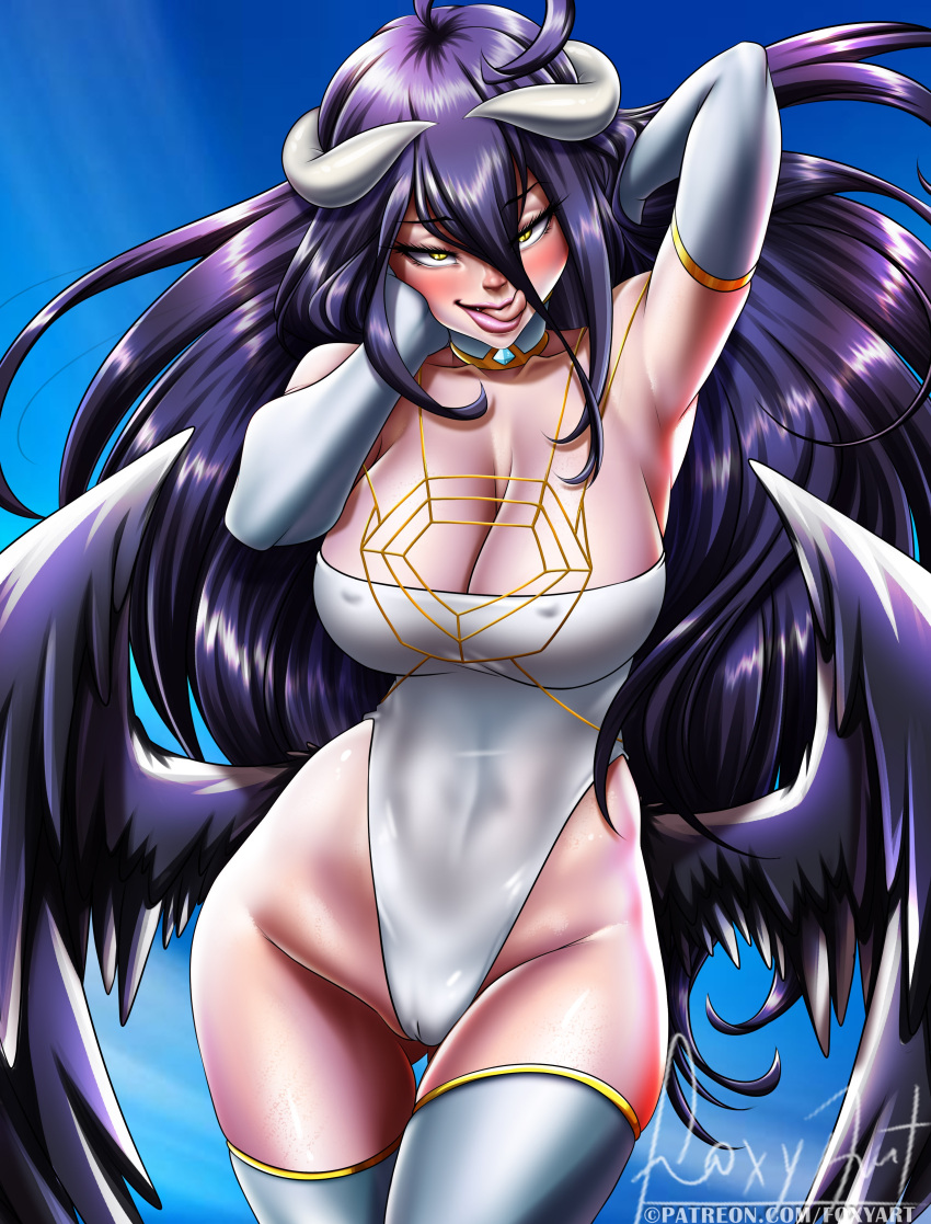 1girls albedo_(overlord) big_breasts breasts covered_navel female foxyart looking_at_viewer navel nipples open_mouth overlord_(maruyama) pussy see-through see-through_swimsuit short_hair silver_eyes silver_hair small_breasts solo solo_focus succubus swimsuit