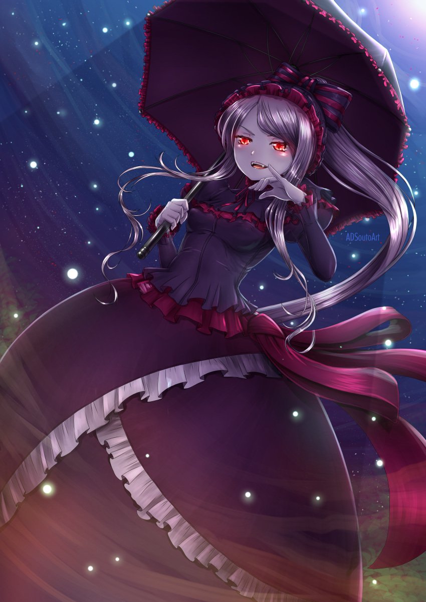 1girls adsouto big_breasts bodysuit breasts dress fake_breasts fancy_clothing fangs frilly_clothing fully_clothed gothic_lolita hair_bow long_hair overlord_(maruyama) parasol petite red_eyes shalltear_bloodfallen solo solo_female standing vampire white_hair