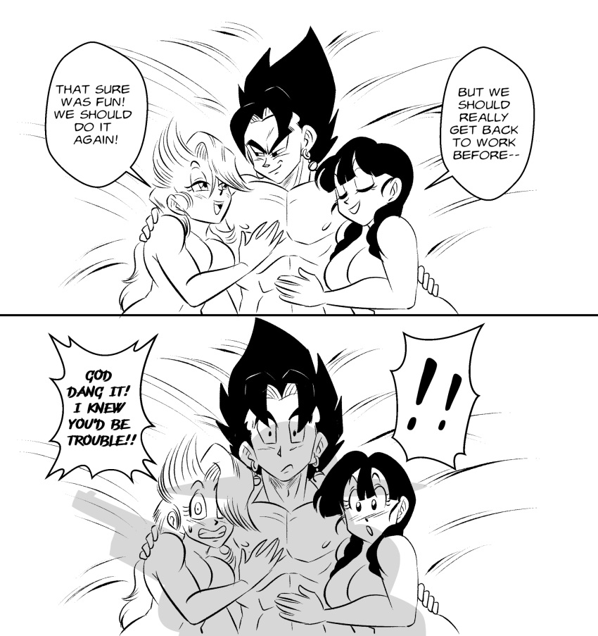 2girls1boy after_sex big_breasts breasts bulma_briefs bulma_briefs_(post_saiyan_saga) chichi comic dragon_ball dragon_ball_z farmer_with_a_shotgun female funsexydragonball male monochrome nipples nude offscreen_character on_bed sillhouette vegito