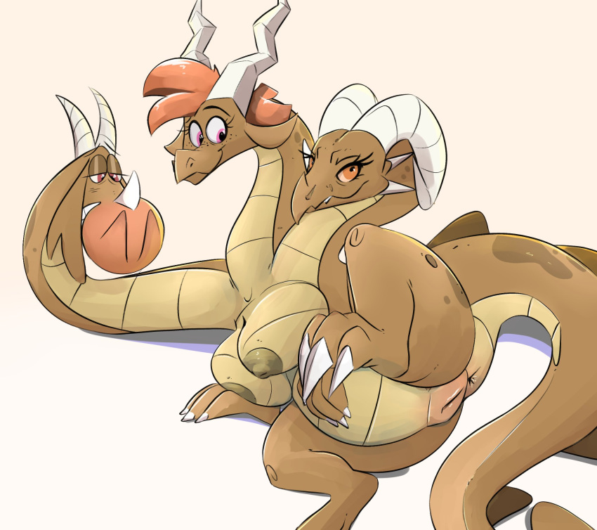 2022 3_heads anthro anus breast_rest breasts brown_body brown_scales dragon female genitals hi_res honeymono horn hydra long_neck lying multi_head nipples nude on_side presenting presenting_pussy pussy scales scalie solo western_dragon