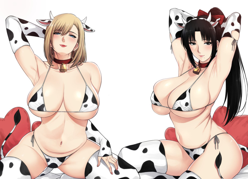 2girls animal_print arm_behind_head arm_up armpits arms_behind_head arms_up bell belly bikini bikini_bottom bikini_top black_eyes black_hair blonde_hair blue_eyes bow breasts closed_mouth collar cow_print cow_print_bikini cowbell curvy cushion duo earrings female female_only groin hairbow high_ponytail highres hoop_earrings jewelry large_breasts long_hair looking_at_viewer mature medium_hair milf mole mole_under_eye mole_under_mouth multiple_girls navel neck_bell nina_(xter) nush_(xter) original print_sleeves red_bow red_collar red_lips sexy_armpits sisters sitting skindentation stomach swimsuit thighhighs thighs xtermination