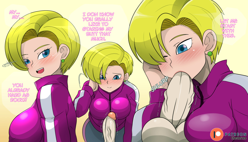 android_18 ass athletic_female blonde_hair blowjob blue_eyes blush chesterzee cleavage dragon_ball earrings fellatio gokubuttonzee large_ass large_breasts milf one_eye_closed open_mouth partial_male uncensored