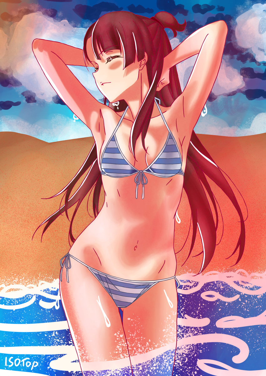 akko_kagari atsuko_kagari beach brown_hair closed_eyes isotop swimsuit