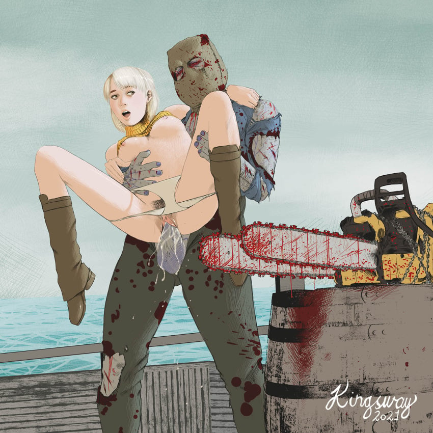 1boy 1girls 1monster 2021 arm_around_neck artist_name ashley_graham ashley_graham_(brooke_elizabeth_mathieson) bag bag_over_head barrel biohazard blonde_hair blood blood_stain boots bottomless breasts breasts_out brown_eyes capcom carrying chainsaw clitoris clothed_male cum cum_in_pussy dr._salvador face_covered female grey_skin hairy_pussy hand_on_thigh hand_on_waist human interspecies kingsway light-skinned_female looking_at_partner male male/female monster no_bra no_pants open_mouth outdoors pale-skinned_female panties panties_down pants penis penis_out pink_lips pubic_hair pussy red_eyes resident_evil resident_evil_4 ripped_clothing ripped_pants ripped_shirt sex shirt shirt_up stand_and_carry_position testicles tight_pussy undead vaginal_penetration vaginal_sex water white_panties zombie