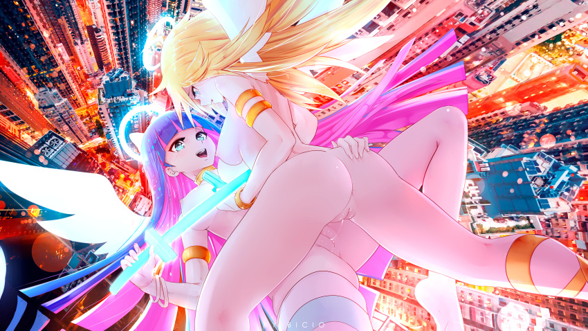 2girls absurd_res absurdres armlet ass bicio blonde_hair breasts gun incest jewelry long_hair multiple_girls open_mouth panty_&_stocking_with_garterbelt panty_anarchy pussy pussy_juice pussy_juice_string pussy_juice_trail sisters stocking_anarchy sword two_tone_hair weapon wings yuri