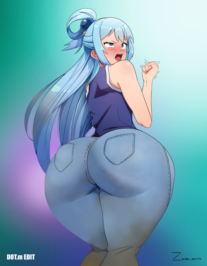 1girls aqua_(konosuba) big_ass big_butt blue_eyes blue_hair blush bottom_heavy bubble_butt dotm00n edit edited female female_only huge_ass huge_butt jeans kono_subarashii_sekai_ni_shukufuku_wo! large_ass large_butt open_mouth pawg rear_view solo solo_female thick thick_thighs watermark wide_hips zaina_art99