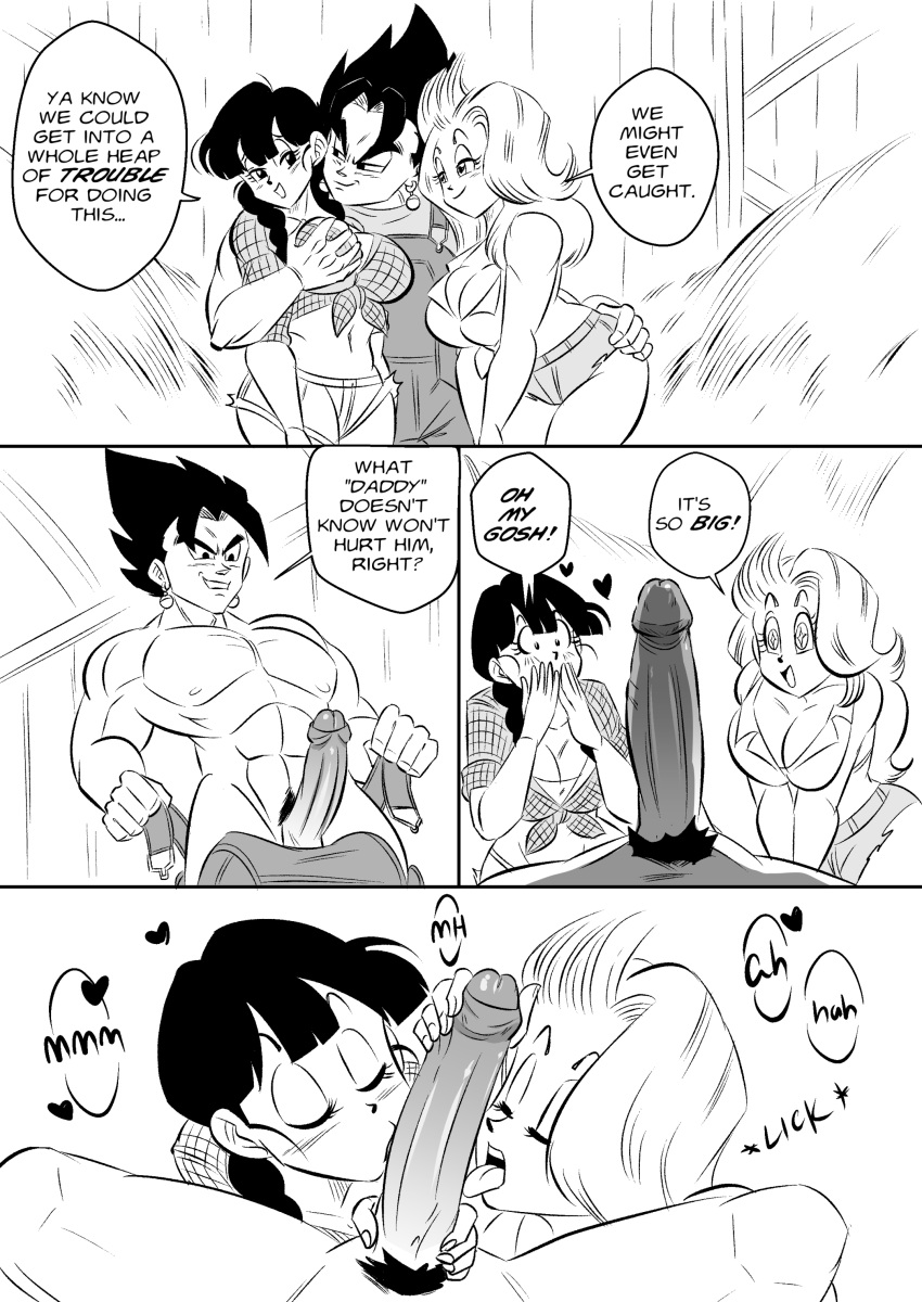 2girls1boy big_breasts big_penis breasts bulma_briefs bulma_briefs_(post_saiyan_saga) chichi closed_eyes clothed clothing comic dragon_ball dragon_ball_super dragon_ball_z erect_penis erection funsexydragonball handjob hands_on_ass hands_on_breasts hands_on_hips heart-shaped_pupils huge_cock licking licking_penis looking_at_another looking_at_penis looking_at_viewer looking_pleasured monochrome naked penis penis_grab penis_lick penis_out speech_bubble spread_legs suprised vegito