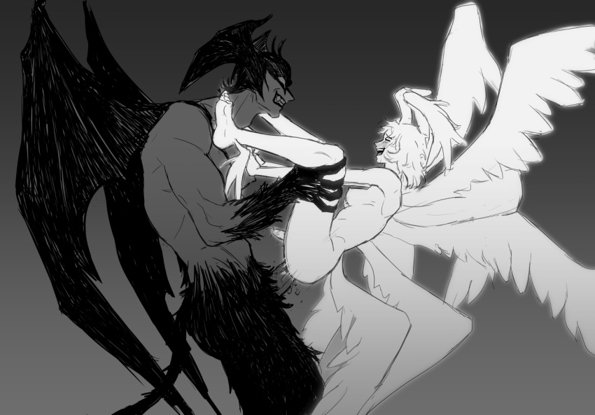 1boy 1futa akira_fudou angel blush breasts cum_in_ass demon devil devilman devilman_crybaby duo duo_focus fangs futanari grabbing_legs hands_on_chest happy held_up intersex male monochrome penis ryo_asuka rzklh size_difference smile wings