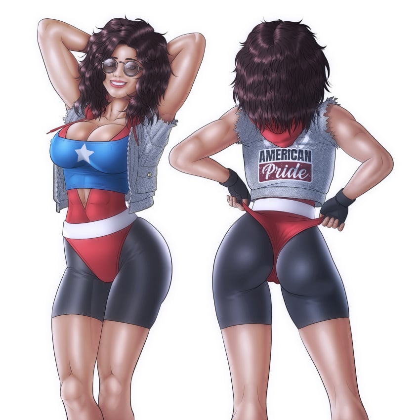 1girls america_chavez ass big_ass big_breasts breasts dark-skinned_female female female_only latina marvel marvel_comics midriff navel reptileye thick_thighs wide_hips