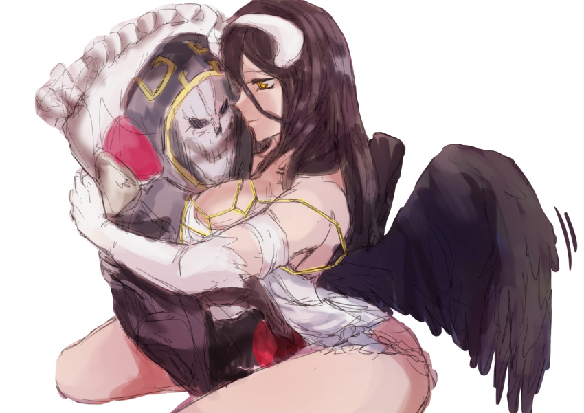 1girls ainz_ooal_gown albedo_(overlord) big_breasts black_hair body_pillow demon_girl drawn hug lemonbizate_(artist) overlord_(maruyama) succubus tagme