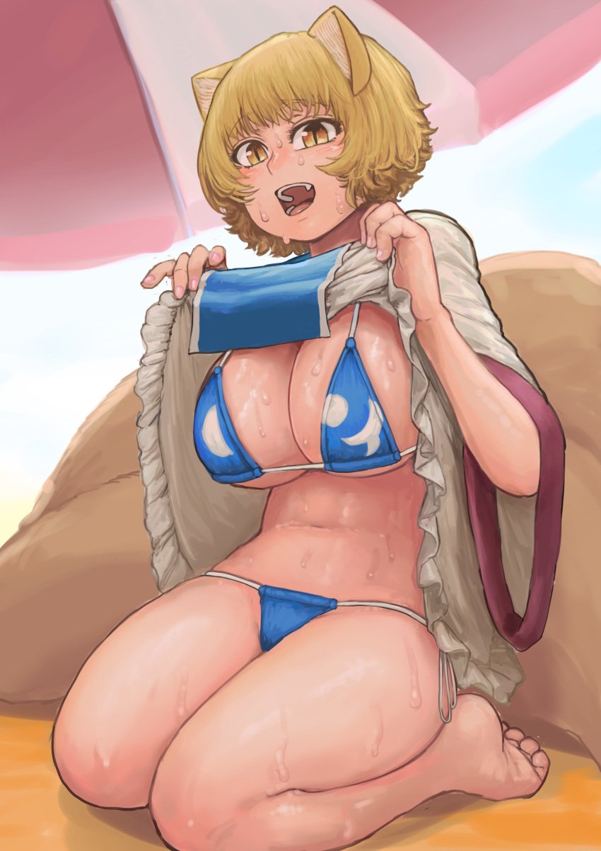 :d absurdres animal_ears beach bikini blonde_hair blue_bikini breasts chanta_(ayatakaoisii) dress dress_shirt female fox_ears fox_girl fox_tail hair highres large_breasts lifted_by_self long_sleeves looking_at_viewer multiple_tails open_mouth parasol ran_yakumo sand seiza shirt short_hair sitting slit_pupils smile solo swimsuit tabard tail touhou umbrella white_dress wide_sleeves yellow_eyes