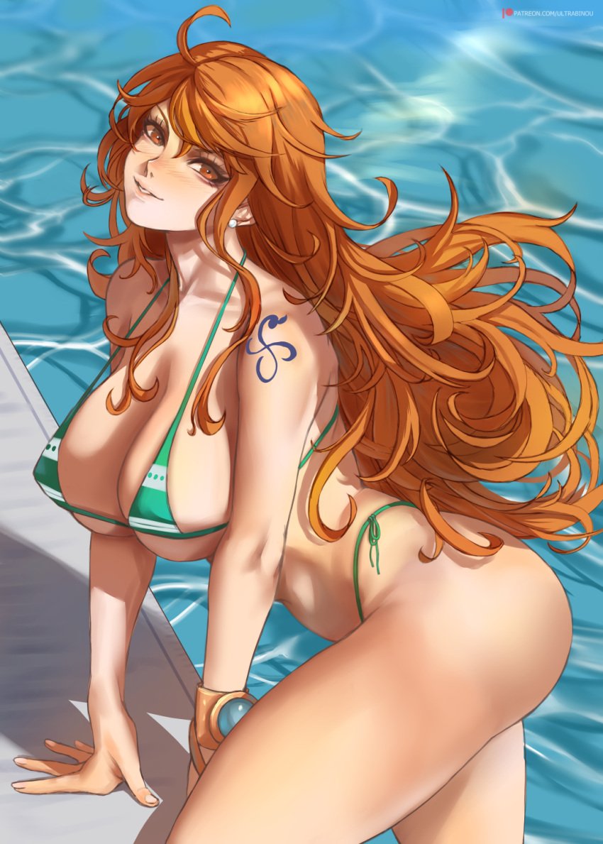 1girls big_breasts bikini breasts eye_contact female female_only light_skin long_hair looking_at_viewer micro_bikini nami one_piece orange_eyes orange_hair pool post-timeskip solo solo_female striped_bikini tattoo thick_thighs thighs ultrabinou