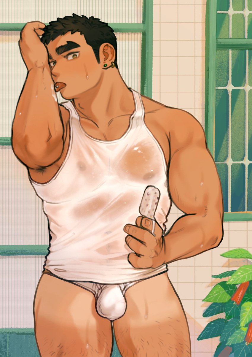 1boy 2022 black_hair briefs brown_eyes bulge earrings food kim_liong_(shanshankuo) male male_only nipples nipples_visible_through_clothing plant popsicle see-through_clothing shanshankuo short_hair solo tank_top tongue tongue_out tongue_piercing underwear