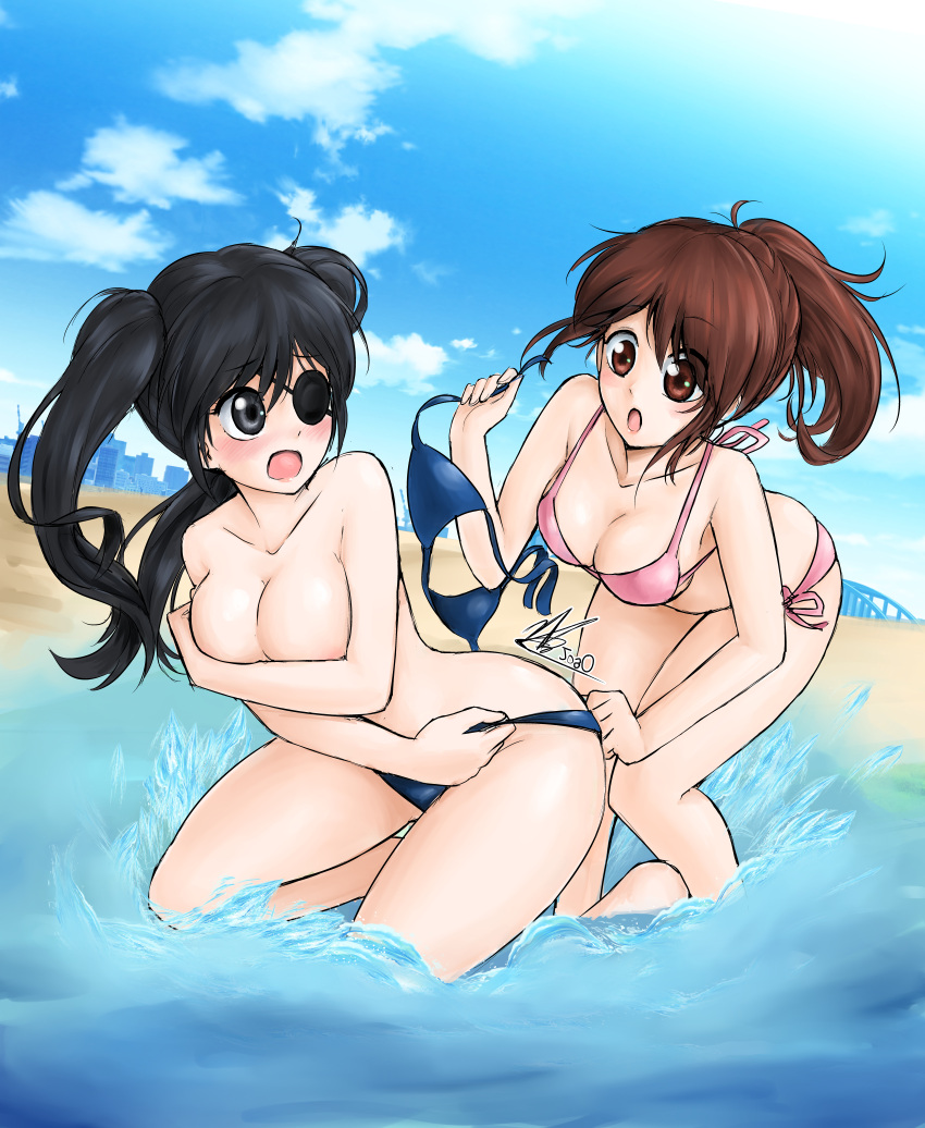 2girls accidental_exposure alternate_costume areolae beach big_breasts bikini bikini_top_removed black_eyes black_hair blue_bikini blush breast_hold brown_eyes brown_hair catfight cleavage covering_breasts covering_self embarrassed eye_patch famboykq female female_only gintama long_hair looking_at_another looking_back medium_breasts open_mouth pink_bikini ponytail shimura_tae swimsuit thick_thighs twintails yagyuu_kyuubei yuri