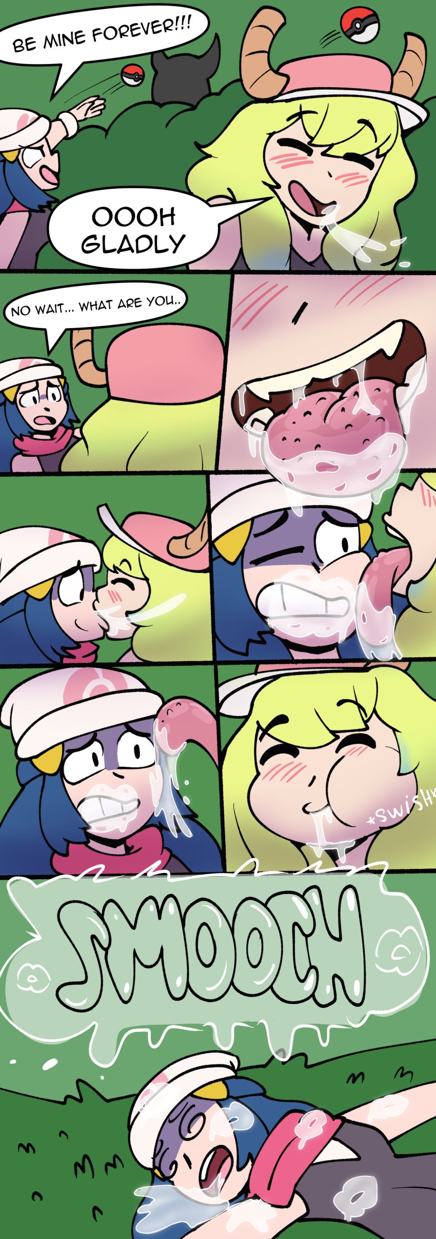 2022 2girls absurd_res antlers baseball_cap beanie black_tank_top black_text blonde_hair blue_hair blush blush_lines bodily_fluids cheek_lick close-up closed_eyes comic crossover dawn_(pokemon) deep_kissing dialogue digital_drawing_(artwork) digital_media_(artwork) dripping duo english_text eyes_closed face_lick female female/female forced forced_kiss forced_shipping grass green_hair hair hat hi_res horn horned_humanoid horns human humanoid kiss_mark kiss_on_lips kissing knocked_out licking long_hair lucoa lucoa_(maidragon) mammal miss_kobayashi's_dragon_maid multicolored_hair multiple_girls mwah nintendo onomatopoeia pink_scarf pink_tongue poke_ball pokeball pokemon quetzalcoatl_(dragon_maid) saliva saliva_drip saliva_on_face saliva_string scarf sharp_teeth shippart sloppy_kiss smile smiling smooch smooch_(sound_effect) sound_effects speech_bubble spiral_eyes spit tank_top teeth text throwing_object throwing_pokeball tongue tongue_out unconscious weird_crossover worried_look yuri