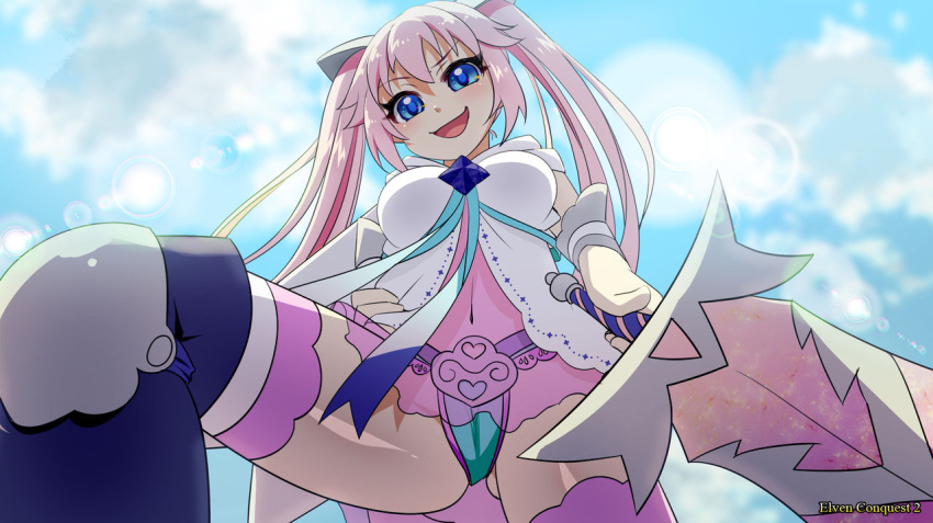 blue_eyes blue_panties breasts clouds dress elenore_(elven_conquest_2) elf elven_conquest elven_conquest_2 game_cg looking_down medium_breasts navel panties pink_hair pinktea see-through_clothing sky sword thighhighs twintails