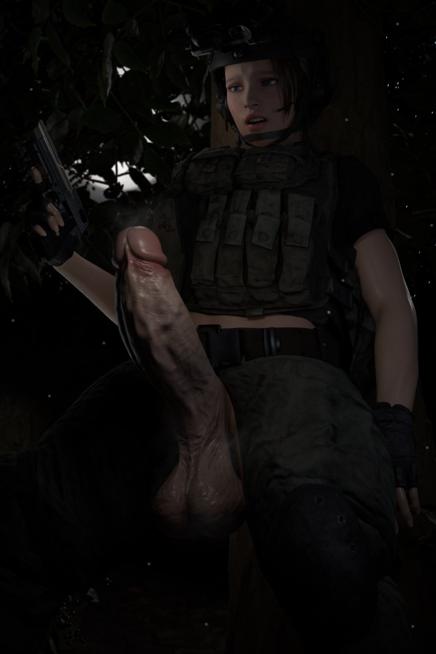 3d big_balls big_breasts big_penis capcom casual deluna2 delunax3d firearm forest futa_only futanari handgun handwear headwear horny horny_female human intersex jill_valentine jill_valentine_(sasha_zotova) looking_down military military_uniform pale_skin resident_evil resident_evil_3 resident_evil_3_remake standing thick_penis thick_thighs thighs weapon