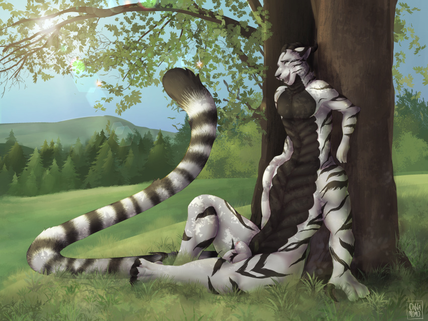 absurd_res adux animal_genitalia belly_scales black_horn black_stripes cinnamomo claws felid field fully_sheathed fur genitals grass hi_res horn hybrid long_tail male mammal pantherine plant scales sheath sitting solo stripes taur tiger tree under_tree white_body white_fur