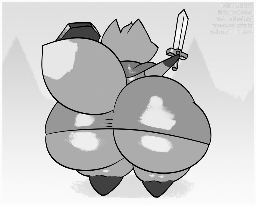 anthro ass black_and_white borisalien fox furry hips hyper hyper_ass large_ass male male_focus male_only ruin_seeker scarf shield sword theboris thick_thighs thighs tunic_(video_game) weapon wide_hips