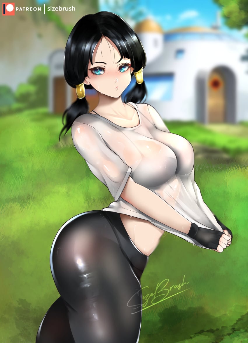 1girls armwear ass big_ass big_breasts black_bra black_hair black_shorts blue_eyes bottomwear bra breasts dark_hair dat_ass dragon_ball dragon_ball_z female female_only gloves hair huge_ass light-skinned_female light_skin pale-skinned_female pale_skin round_ass shirt shorts shounen_jump sizebrush solo solo_female teenage_girl teenager thick_thighs thighs topwear videl visible_bra_through_clothes wet_shirt white_shirt