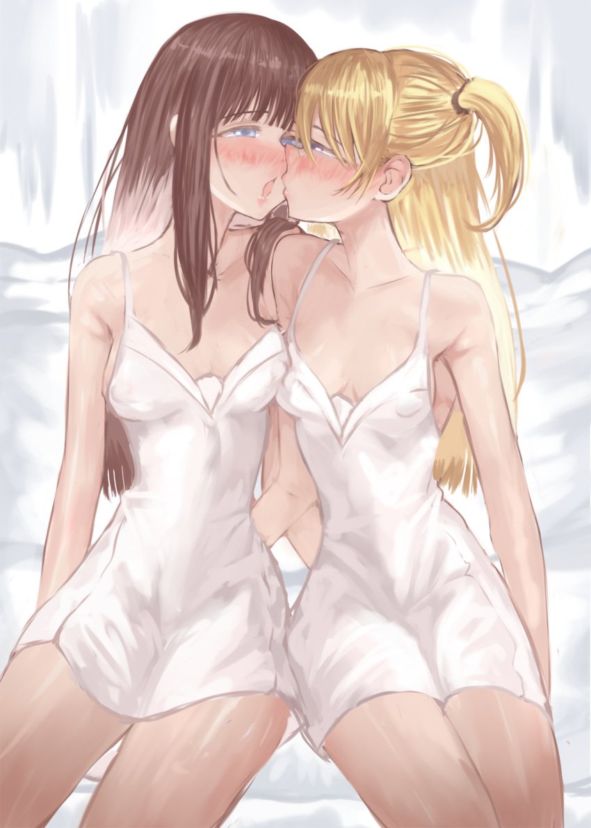 2girls akebi-chan_no_serafuku akebi_komichi bakaichisan blonde_hair blue_eyes blush female female_only kissing kizaki_erika multiple_girls pig_tail white_dress yuri