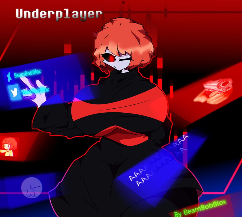 1girls 2022 2d beambobblox big_breasts black_sclera female female_only grey_skin player player_(underplayer) red_eyes red_hair rule_63 solo tagme underplayer undertale undertale_(series) undertale_au undertale_fanfiction