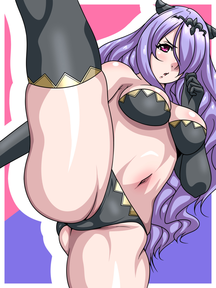 1girls ass_visible_through_thighs bare_thighs black_panties bra breasts camilla_(fire_emblem) elbow_gloves female female_only fight fire_emblem fire_emblem_fates gloves hair_over_one_eye horns inabakun00 kicking leg_up long_hair medium_breasts nintendo panties pink_eyes pose purple_hair smile solo spread_legs thick_thighs thighhighs thighs underwear very_long_hair wavy_hair