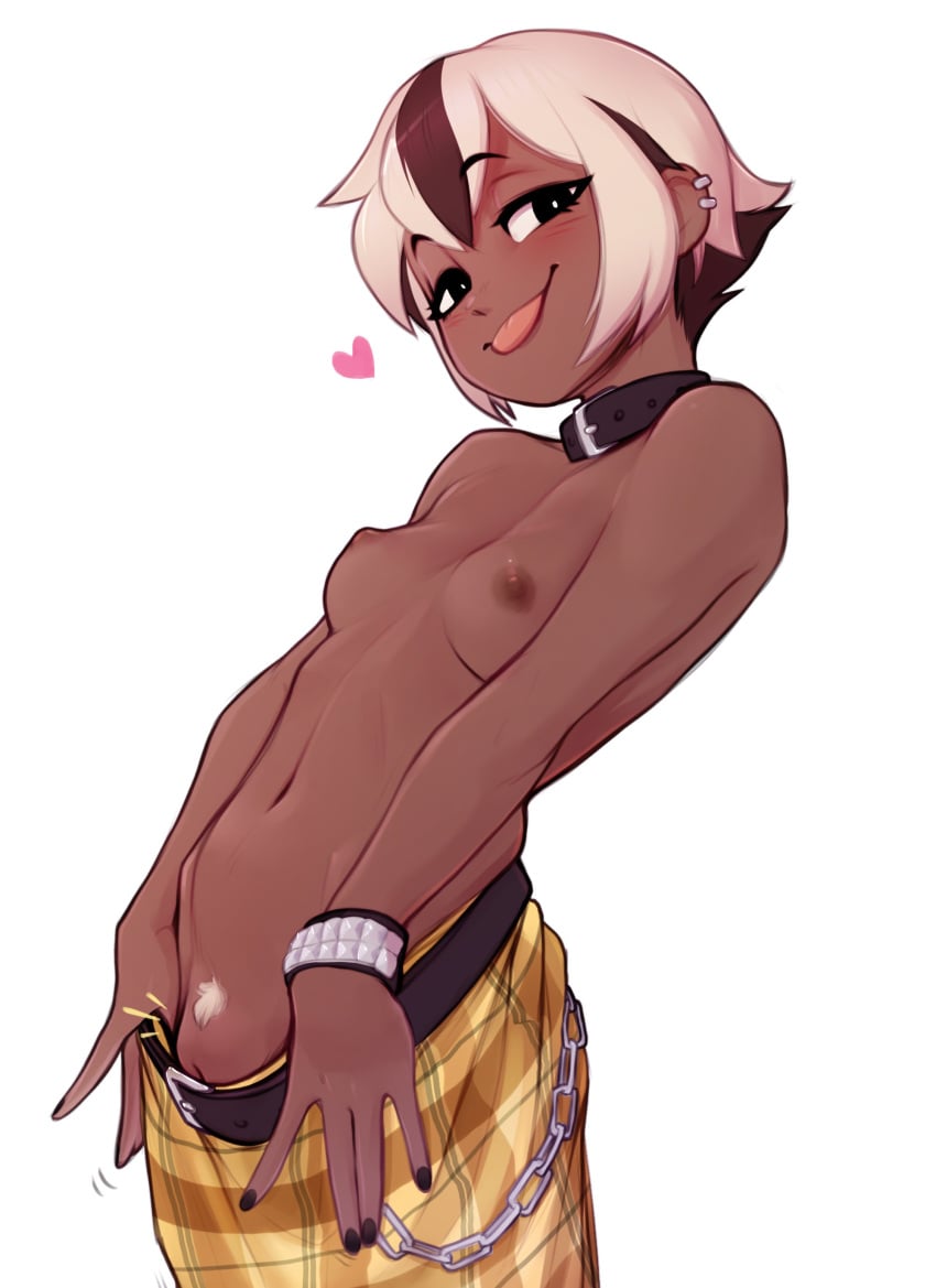 1girls blush brown_hair chains collar dark-skinned_female dark_skin looking_at_viewer nina_(suizilla) nipples original_character pants_down partially_clothed pubic_mound pudgeruffian short_hair small_breasts smile solo standing tomboy tongue_out topless two_tone_hair uncensored very_short_hair white_background white_hair