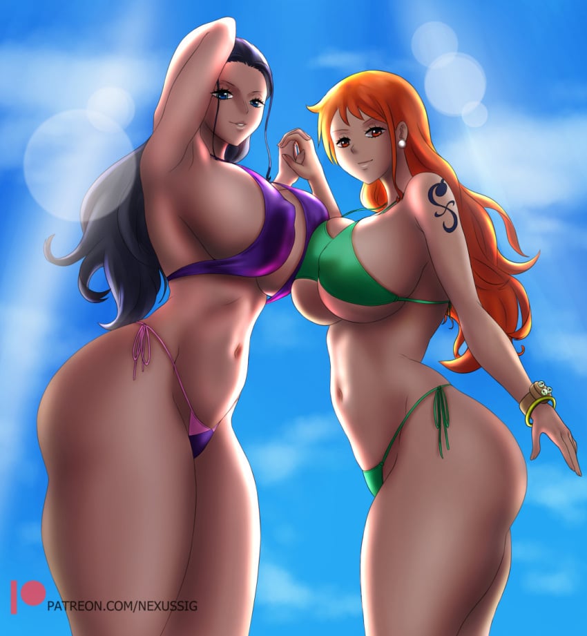 2girls big_breasts bikini female female_only long_hair nami nexus-sig nico_robin one_piece post-timeskip swimsuit