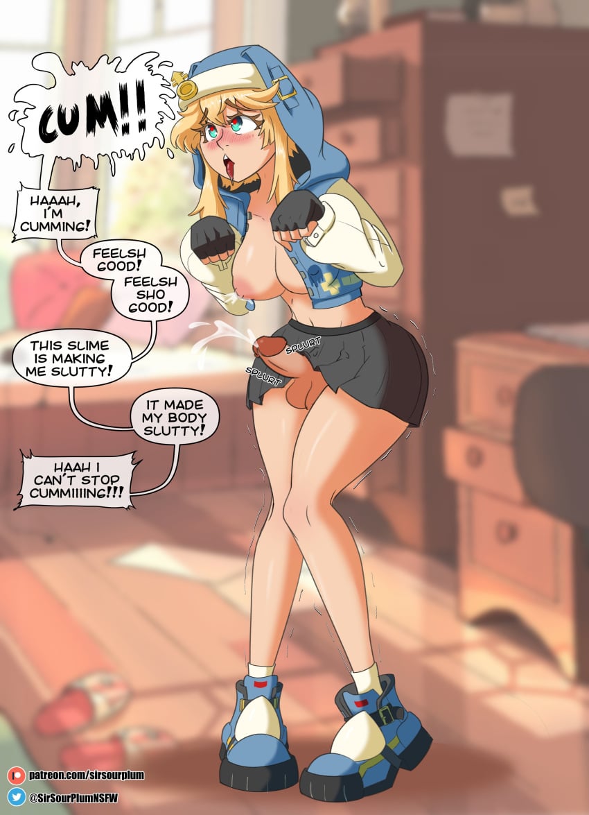 1futa ahe_gao ahegao blonde_hair breast_expansion breast_milk breasts bridget bridget_(guilty_gear) climax cock cum cum_dripping cum_dripping_from_penis cumshot ejaculation erect_penis erection futanari futanari_transformation futanarization genderswap guilty_gear guilty_gear_strive heart-shaped_pupils hips horn lactation medium_breasts penis penis_out penis_under_clothes penis_under_skirt rule_63 shaking sirsourplum skirt solo speech_bubble text_bubble transformation