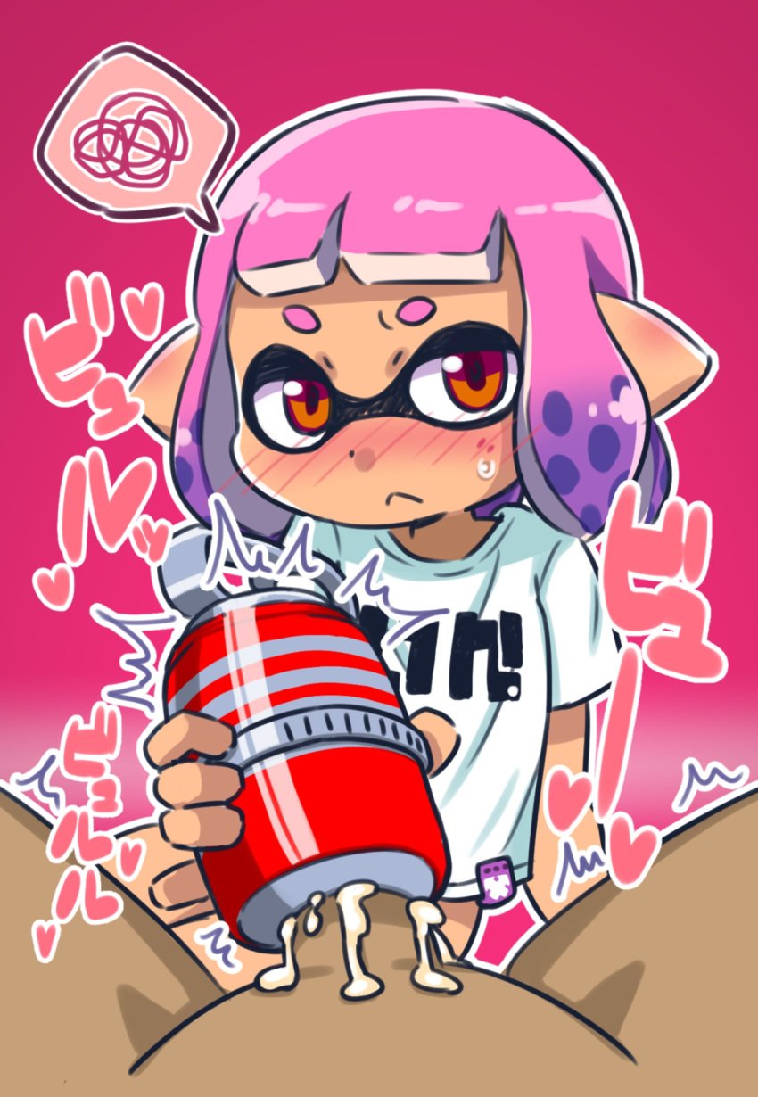 1boy artificial_vagina blush closed_mouth cum female fizzy_bomb_(splatoon) gradient gradient_background gradient_hair heart highres inkling inkling_girl japanese_text multicolored_hair nose_blush object_penetration orange_eyes outline penis pink_hair pointy_ears purple_hair sex_toy shirt short_hair short_sleeves speech_bubble splatoon splatoon_(series) t-shirt tenga tentacle_hair text two-tone_hair white_outline white_shirt yugmlecpdduukox