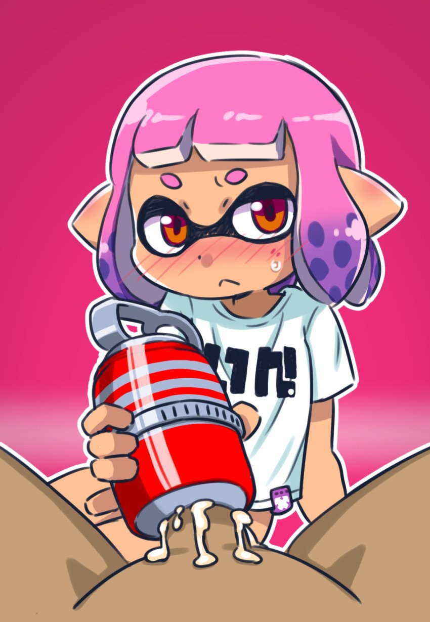 1boy artificial_vagina blush closed_mouth cum female fizzy_bomb_(splatoon) gradient gradient_background gradient_hair heart highres inkling inkling_girl multicolored_hair nose_blush object_penetration orange_eyes outline penis pink_hair pointy_ears purple_hair sex_toy shirt short_hair short_sleeves splatoon splatoon_(series) t-shirt tenga tentacle_hair two-tone_hair white_outline white_shirt yugmlecpdduukox