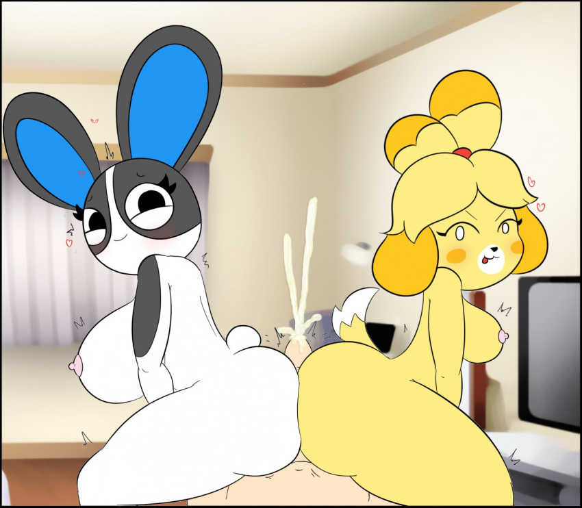 1boy 2girls animal_crossing anthro ass astrolonaut breasts buttjob canid canine canis cum cumshot domestic_dog dotty_(animal_crossing) erect_nipples erection female fur furry heart hi_res hot_dogging isabelle_(animal_crossing) male nintendo nipples nude penis rabbit tail tongue tongue_out