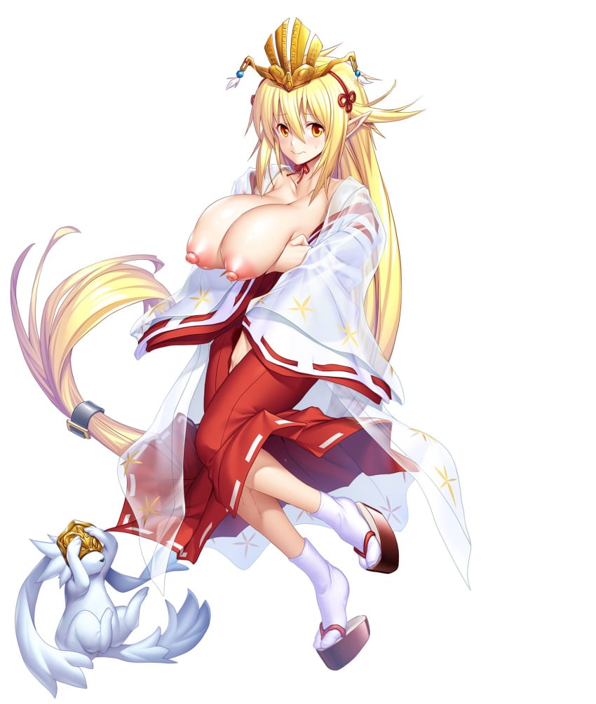 areola arms_under_breasts asahi asian_clothing big_breasts blonde_hair blush bodily_fluids bottomwear breasts clothing crown digital_media_(artwork) duo east_asian_clothing elf female feral footwear genital_fluids hair hi_res huge_breasts humanoid humanoid_pointy_ears japanese_clothing lagomorph leporid light_body light_skin lilith_abel_bindernagel_(taimanin_asagi) long_hair mammal miko_outfit nipples pussy_juice rabbit red_bottomwear red_clothing red_skirt sandals skirt socks sweat taimanin_(series) white_sleeves yellow_eyes