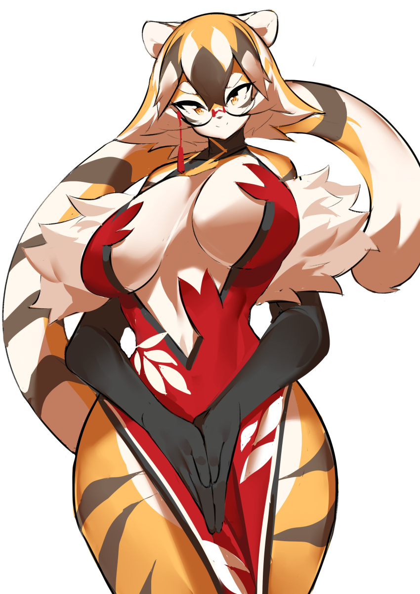 1girls amber_eyes anthro arknights aspirindabaitu big_breasts breasts chinese_clothes female furry glasses looking_at_viewer mx99926 smile solo solo_female tagme tiger tiger_girl waai_fu_(arknights)