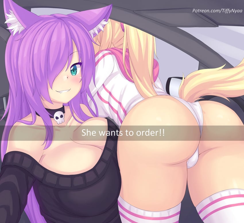 2girls animal_ears ass blonde_hair blue_eyes blush borrowed_character breasts choker cleavage collar dirtykuro english_text female female_only fox_ears hair_over_one_eye he_wants_to_order hoodie kuro_(foxykuro) large_breasts leaning_forward looking_at_viewer meme no_pants original panties parody ponytail purple_hair skull_choker skull_collar sweater tagme tail text thighhighs thong tiffy tiffynyaa white_panties