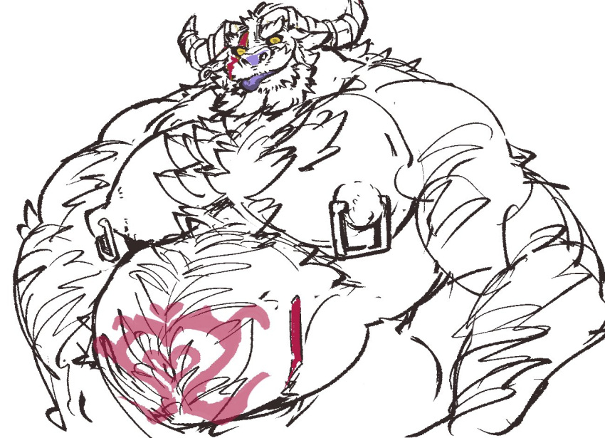 1boy ahab_(tokyo_afterschool_summoners) anthro arm_hair bedroom_eyes belly belly_hair bestiality big_belly big_nipples bison body_hair bovid bovine chest_hair corrupted dark_sclera demon exe_exem facial_hair horn horned_humanoid humanoid looking_at_viewer male male_only mammal musclegut muscular muscular_arms muscular_male narrowed_eyes nipple_piercing nipples piercing purple_tongue ring_piercing scar seductive sideburns solo tokyo_afterschool_summoners tongue tongue_out ursid yellow_eyes