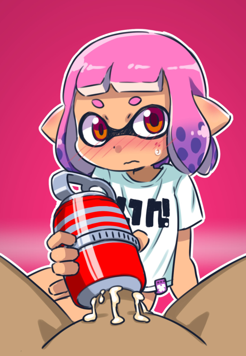 1boy artificial_vagina blush closed_mouth cum female fizzy_bomb_(splatoon) gradient gradient_background gradient_hair highres inkling inkling_girl multicolored_hair nose_blush object_penetration orange_eyes outline penis pink_hair pointy_ears purple_hair sex_toy shirt short_hair short_sleeves splatoon splatoon_(series) t-shirt tenga tentacle_hair two-tone_hair white_outline white_shirt yugmlecpdduukox