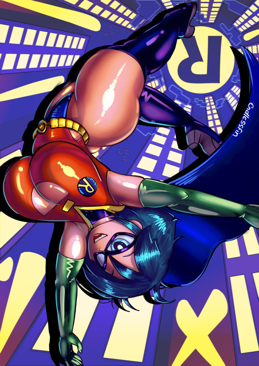 1girls ass batman_(series) big_ass big_breasts black_hair blue_eyes breasts cleavage_cutout dc dc_comics dick_grayson elbow_gloves endlessfin female female_only gloves latex latex_gloves light-skinned_female light_skin robin_(dc) robin_(dick_grayson) rule_63 thick_thighs wide_hips