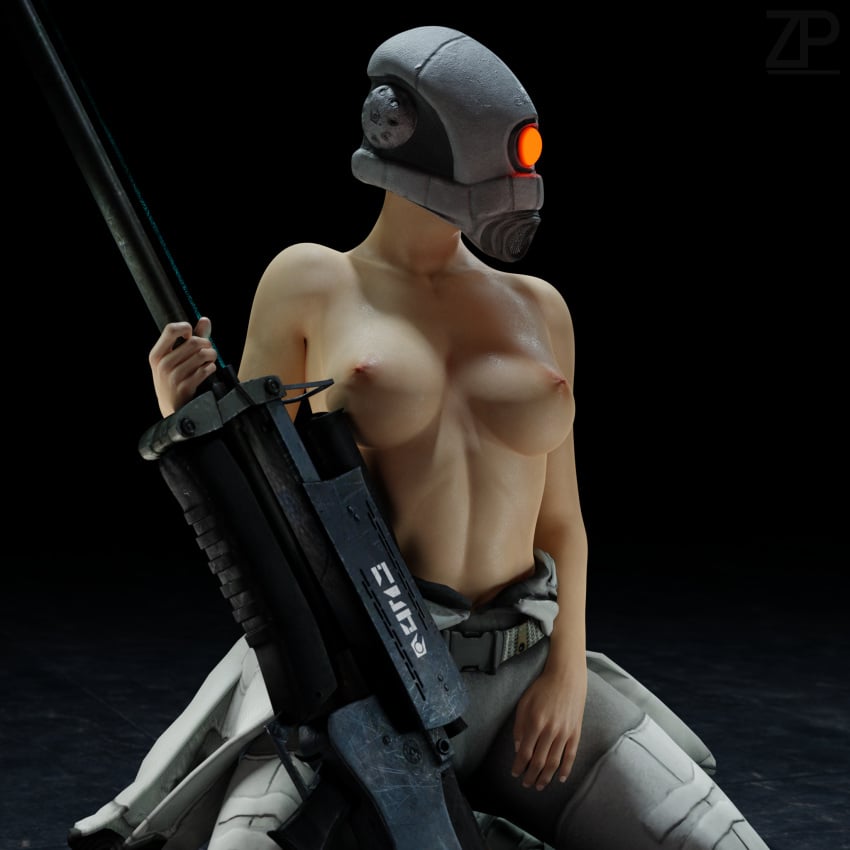 3d assassin bare_arms bare_breasts bare_shoulders breasts combine_assassin female half-life half-life_2 helmet holding_gun kneeling latex_suit mask valve valve_(company) weapon zweiprobleme