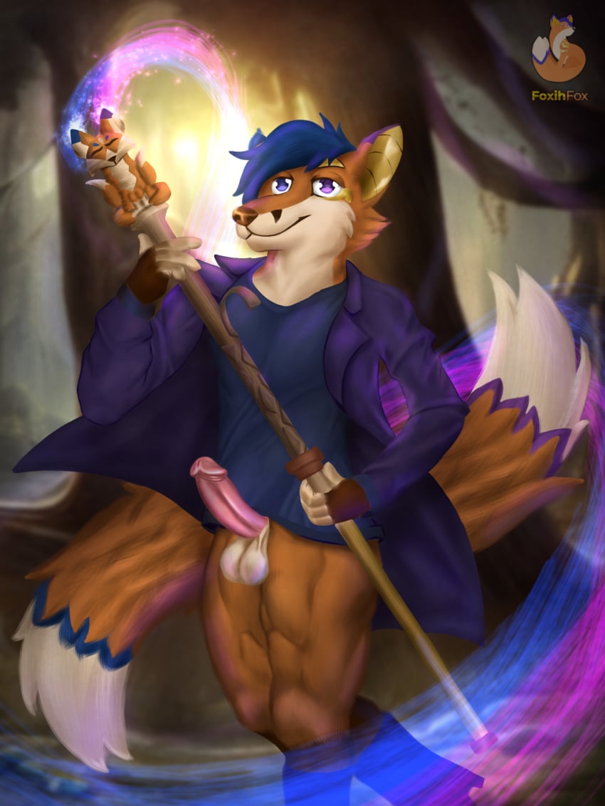 anthro balls blue_hair canid canine canis clothed clothing detailed_background digital_media_(artwork) disney erection forest fox foxih_(foxihfox) foxihfox fur furry genitals hair hi_res humanoid_genitalia humanoid_penis looking_at_viewer magic male male_only mammal nude partially_clothed penis plant smile smooth_skin solo talisman the_owl_house tree