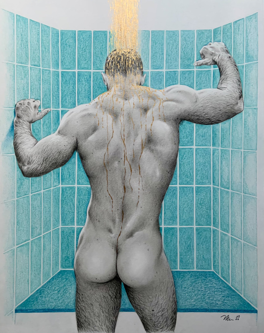 1boy ass back_muscles brad_welch_art butt caucasian caucasian_male eefromg instagram_username male male_only muscles muscular muscular_male pencil_(artwork) real_person shower sketch solo solo_male